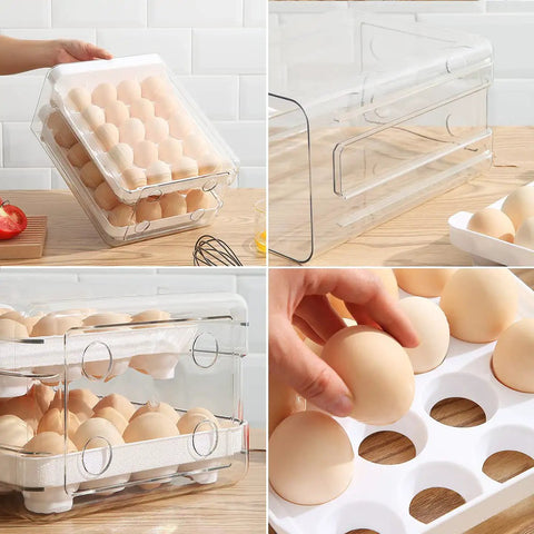 Clear Plastic Egg Holder With Two Layer 40 Egg Capacity Drawer Style Fridge Storage Box For Fresh Eggs in kitchen setting.