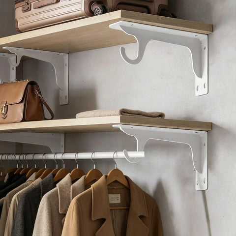 Wooden shelves with Sturdy Closet Rod Brackets For Wall Mount Fits One Point Three To One Point Five Inch Rods, coats hanging below.