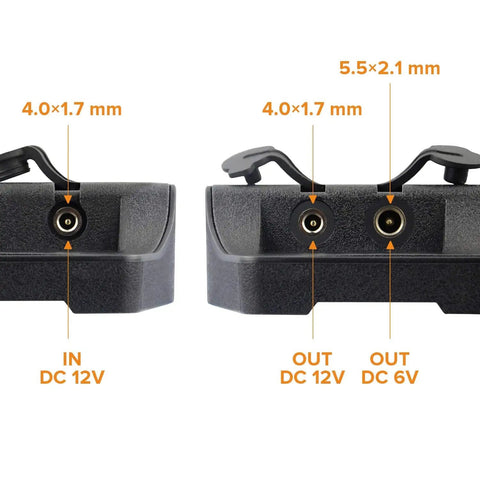 Trail Cam Solar Panel Kit Built In 2000mAh Battery For 12V 1A Or 6V 1.5A Chargers IP66 Waterproof Outdoor Hunting Security Accessory Universal Plug Compatibility for 4.0 by 1.7 mm and 5.5 by 2.1 mm cables showing input and output ports