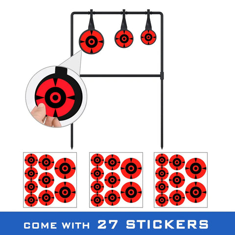 Heavy Duty Auto Reset Spinner Target For Centerfire Handguns Up To 44 Magnum with steel target and 27 red target stickers visible