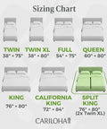 Sizing chart for Luxurious Bamboo Viscose Sheet Set In Coconut Milk Fits Standard Split King Bed Frames, showing dimensions.
