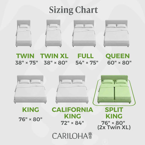Sizing chart for Luxurious Bamboo Viscose Sheet Set In Coconut Milk Fits Standard Split King Bed Frames, showing dimensions.