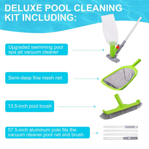 Deluxe Pool Cleaning Kit With Spa Jet Vacuum And Thirteen Point Five Inch Brush Semi Deep Skimmer Net And Fifty Seven Point Five Inch Adjustable Pole For Above Ground And Inflatable Pools No Fuss Quick Debris Cleanup components displayed.