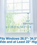 Window dimensions for 16-Inch Window Fan With Storm Guard, fits 26.5-34.5 inches wide, 22 inches minimum height, white curtains