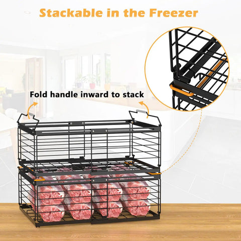 Four Large Expandable Freezer Bins With Easy Grab Handles, Stackable Chest Freezer Organizers holding frozen foods