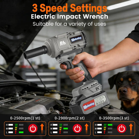 1/2 Inch Brushless Cordless Impact Wrench Packs Badass 1700Nm High Torque for heavy duty jobs in hand above vehicle engine.
