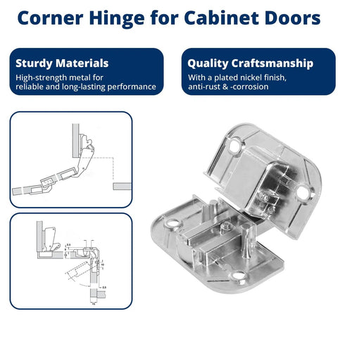 Two Pack Adjustable Concealed Pie Cut Cabinet Hinge 34390710 Heavy Duty Silent Self Closing Hardware Smooth Operator Tight Fit For Wooden Drawers Quick Install Home Reno Upgrade, showing detailed hinge design and sturdy metal construction.