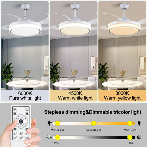 42 Inch Ceiling Fan With Lights And Remote Control Dope Retractable Blades Chandelier Style White Finish showcasing light settings