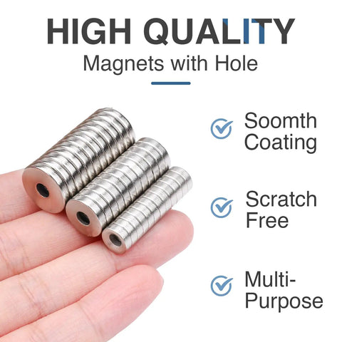 36 Piece Heavy Duty Neodymium Magnet Set With Holes In Three Sizes, Screws Included, shown on fingers, highlighting smooth coating.