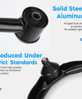 Close-up of steel and aluminum front lower control arm with ball joint kit emphasizing material quality.