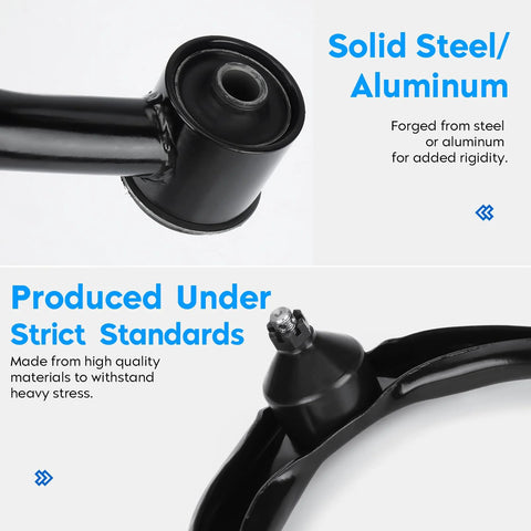 Close-up of steel and aluminum front lower control arm with ball joint kit emphasizing material quality.