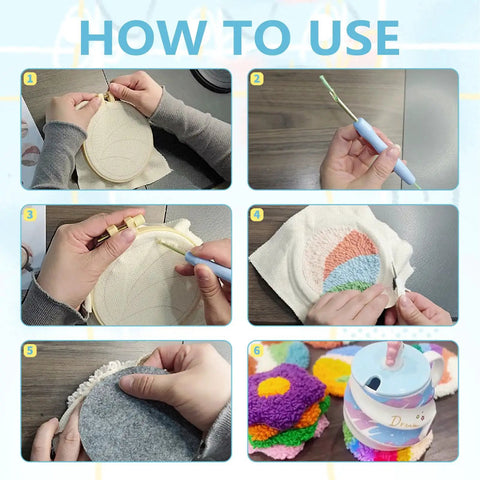 Six Piece Punch Needle Coaster Kit Set For Beginners And Adults, DIY process showing embroidery with yarn and hoop steps