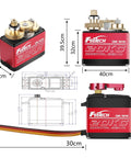 Beefy High Torque Waterproof RC Servo With Full Metal Gear And Aluminum Case 7 Point 4V High Voltage Digital Servo Delivers 20Kg Torque 180 Degree Swing Built For 1 8th And 1 10th Scale RC Cars And Trucks, showing detailed dimensions and internal gears.