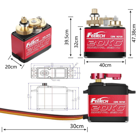 Beefy High Torque Waterproof RC Servo With Full Metal Gear And Aluminum Case 7 Point 4V High Voltage Digital Servo Delivers 20Kg Torque 180 Degree Swing Built For 1 8th And 1 10th Scale RC Cars And Trucks, showing detailed dimensions and internal gears.