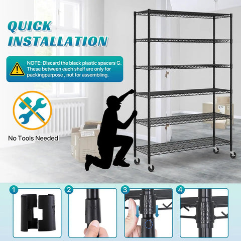 Heavy Duty Six Tier Steel Wire Shelving Unit Built Like A Beast Garage Storage Rack No Flex Frame Rolls Smooth On Ball Casters Adjustable Rock Solid NSF Approved Warehouse Rack Black 48 By 18 By 72 Inches Tall