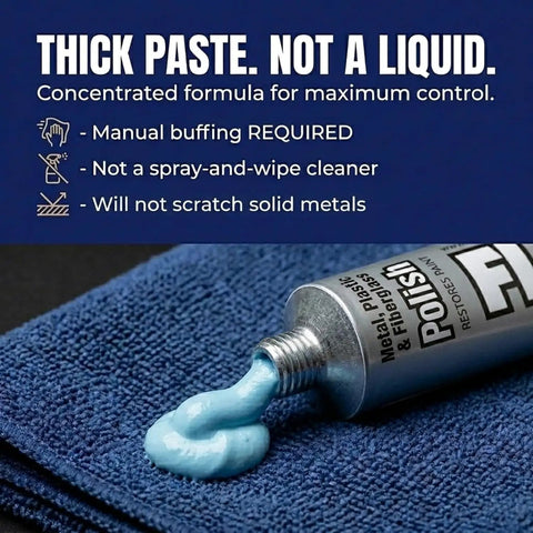 USA Made Metal Polish Paste For Solid Chrome, Stainless Steel, Aluminum And More, Non Abrasive Tarnish Fighter, Removes Light Oxidation, Requires Manual Buffing, Not For Plated Or Coated Surfaces, 5.29oz paste squeezed onto cloth