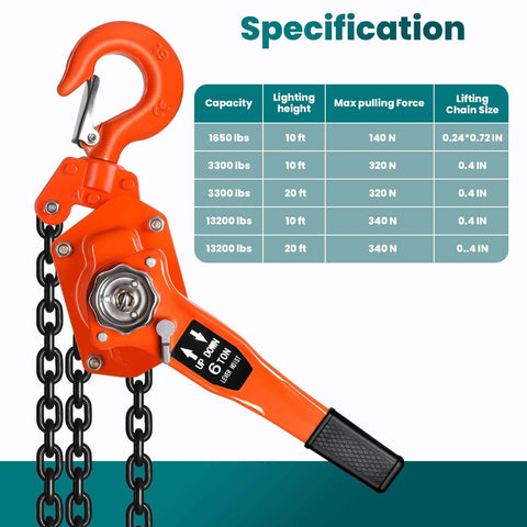 Manual Chain Hoist 6 Ton Come Along 13200 Lbs Capacity 20 Ft Lift Galvanized Carbon Steel With G80 Chain Double Pawl Brake Auto Chain Lead