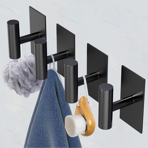 Heavy Duty Wall Towel Hooks No Drill Sticky Holder For Hanging Towels Coats And Kitchen Accessories Waterproof Wall Mount Black 2 Pack Works On Smooth Surfaces Like Wood Tile Marble Metal Glass holding towel and brush