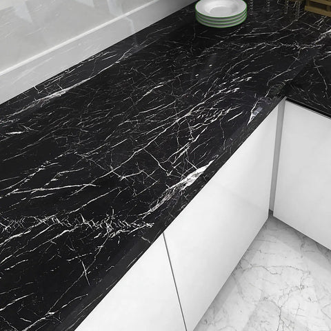 Black Marble Countertop Contact Paper Peel And Stick Vinyl Wrap Waterproof Self Adhesive for kitchen counters, 15.8x394 inches.
