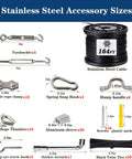 164ft Outdoor String Light Hanging Kit With Heavy Duty Black Vinyl Coated Stainless Steel Wire Rope, Turnbuckles, Hooks And Eye Straps For Patio, Garden, Backyard And Party Decor with accessory sizes displayed.