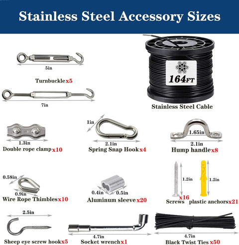 164ft Outdoor String Light Hanging Kit With Heavy Duty Black Vinyl Coated Stainless Steel Wire Rope, Turnbuckles, Hooks And Eye Straps For Patio, Garden, Backyard And Party Decor with accessory sizes displayed.