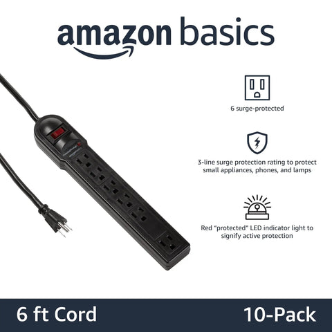 Surge Protector Power Strip With Six Outlets, 790 Joules Of Surge Protection, 3-Line Protection, Built-In Circuit Breaker, Red LED Indicator, Six Foot Extension Cord, Black, 10-Pack