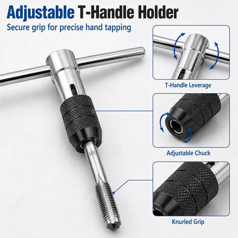 Beefy 6-Piece Metric Tap Wrench Set with adjustable T-handle and 4-jaw chuck, showing M6 tap and features on white background