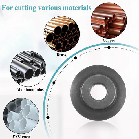 12 Pack Tubing Cutter Blades For Copper Pipes And Hose Tools Replacement Cutter Blades You Can Count On For Models 101 103 104 117 118 150 151 152 153 205 Built From Durable Stainless Steel For Long Lasting Cutting Power with examples of compatible materials like copper, brass, aluminum, and PVC pipes