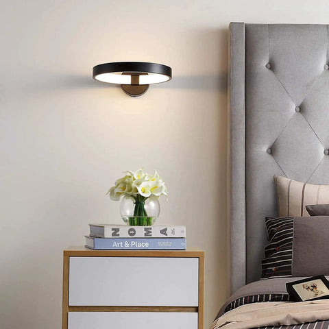 12.25 Inch Black Dimmable Integrated LED Wall Sconce For Living Room Bedroom Hallway Sleek Modern Metal Fixture Minimalist Halo Lamp Hardwired ETL Listed With Flicker Free Soft White Light And Easy Long Life on bedroom wall above nightstand.