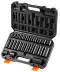 Heavy Duty 25 Piece Impact Sockets Set With Quick Release Ratchet And Tough Bit Kit In Durable Case Perfect For Garage Jobs And Serious Auto Repair Projects, open case