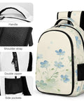 Pale Blue Wildflower Watercolor Print Backpack with handle, shoulder strap, double zipper, and side pockets for unisex use.