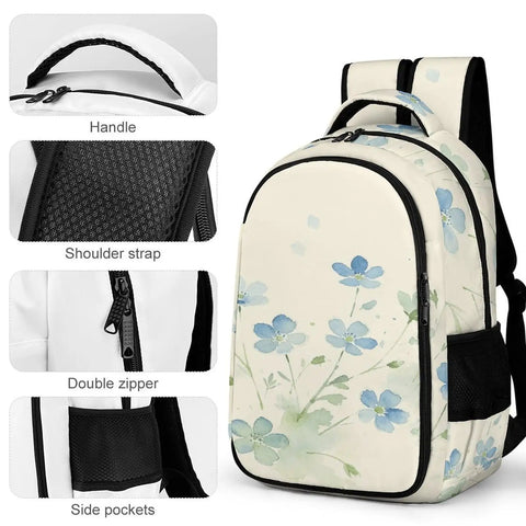 Pale Blue Wildflower Watercolor Print Backpack with handle, shoulder strap, double zipper, and side pockets for unisex use.