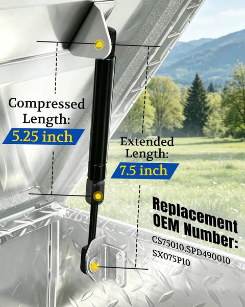 Close-up of Smooth Lifting 7.5 Inch Gas Struts Pair for Pickup Truck Toolboxes showing compressed and extended lengths.