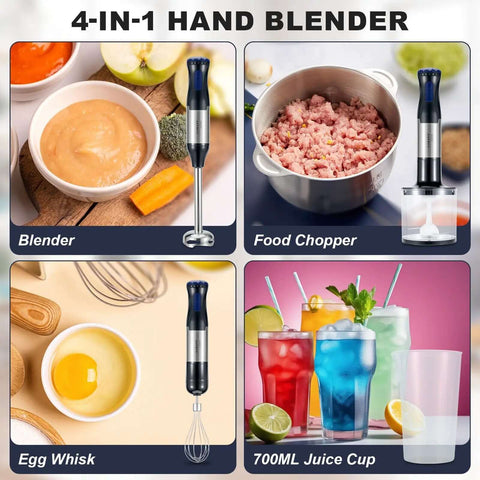 Badass 1000W Immersion Blender Handheld Stick Mixer Copper Motor And Stainless Steel Blades Four-in-one kitchen tools with blender, chopper, egg whisk, and juice cup.