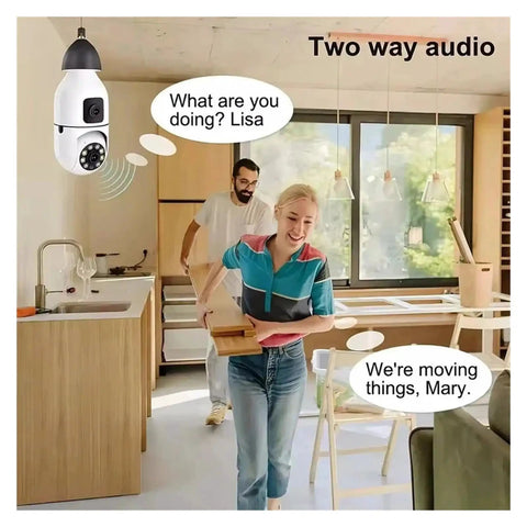 Image showing Dead Legit 8MP Dual Lens Wifi Ip Security Camera With E27 Bulb Mount observing two people moving furniture indoors.