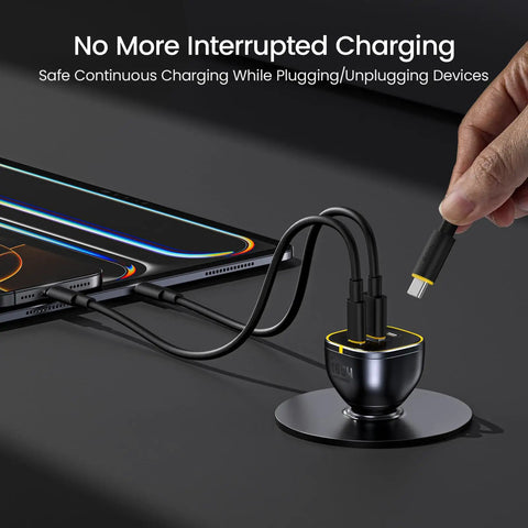 Straight Fire 165W USB C Car Charger PD 3.1 100W Quick Charge 5.0 connected to a tablet and smartphone for fast charging.