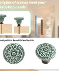 Solid Green Ceramic Cabinet Knobs In A Ten Piece Bundle, 34mm Drawer Pulls showcasing floral design with screws for installation.