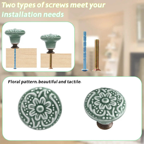 Solid Green Ceramic Cabinet Knobs In A Ten Piece Bundle, 34mm Drawer Pulls showcasing floral design with screws for installation.