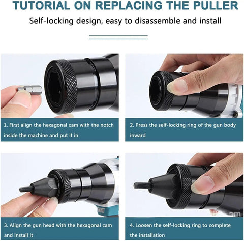 Heavy Duty Brushless Cordless Rivet Gun With Six Interchangeable Tips For Knocking Out Threaded Rivet Nuts, tutorial for replacing puller steps.
