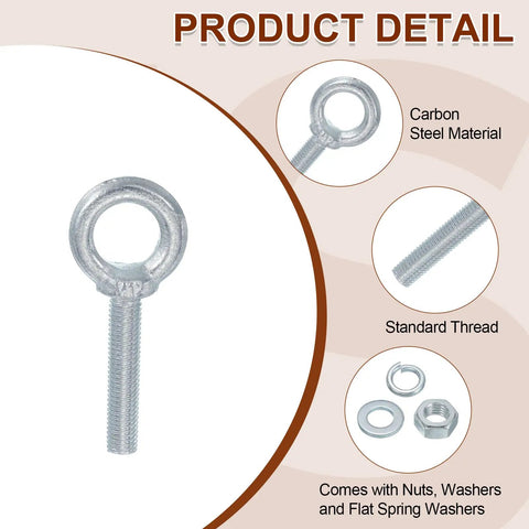 Five Pack M12 Galvanized Carbon Steel Eye Bolts With Nuts And Washers, Heavy Duty Lifting Rings For Tie Downs Indoors Outdoors, Silver Finish, Built Tough For Gear Hauling And Rigging Projects. Carbon steel eye bolt with standard thread and hardware