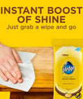 Hand using Expert Care Wood Wipes With Lemon Scent For Sealed Wood Leather Granite And Stainless Steel on wooden surface