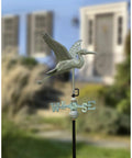 Blue Heron Garden Weathervane With 53 Inch Garden Pole Blue Verde Copper Patina in outdoor setting showing brass directionals