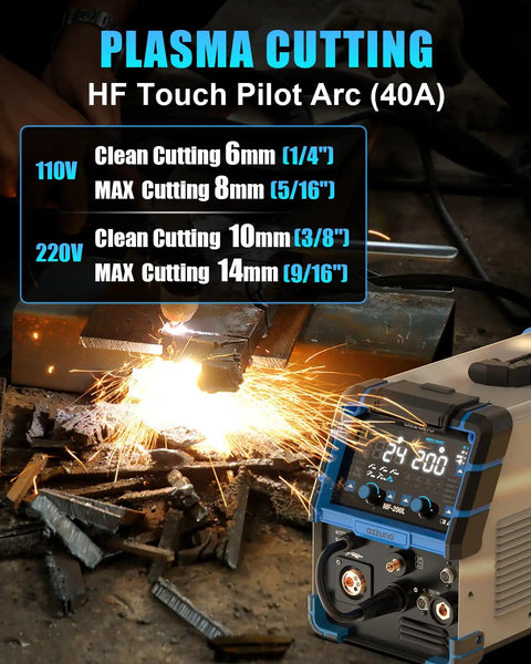 Beast 200A Plasma Cutter And Welder Combo With Nine In One Multiprocess Capabilities used for cutting metal with sparks