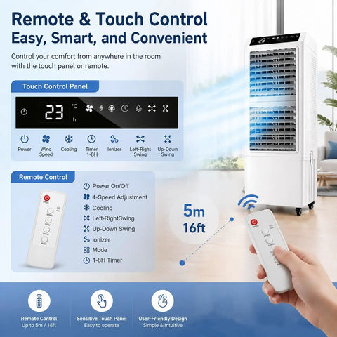 Beast Mode 4500 CFM Evaporative Air Cooler Slices Through Summer Heat With 13.2 Gallon Tank, 90 Degree Pivot, remote control, touch panel.