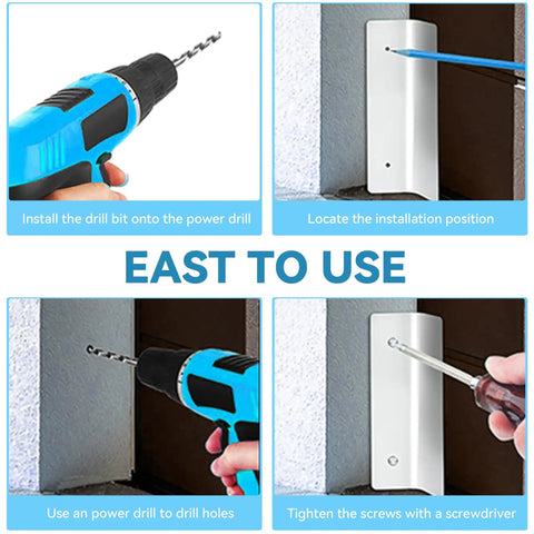 Hella Tough Garage Door Mouse Guard Kit installation process with drill, positioning plates, and screwdriver use.