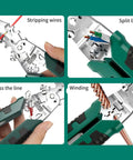 Multifunction Wire Stripping Pliers With Voltage Tester Electrician Crimping And Cable Cutting Tool showing four uses