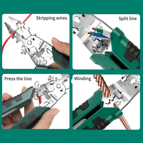 Multifunction Wire Stripping Pliers With Voltage Tester Electrician Crimping And Cable Cutting Tool showing four uses