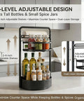 Rotating Spice Rack With Paper Towel Holder, 2 Tier Lazy Susan with bottles and jars, showcasing adjustable shelves
