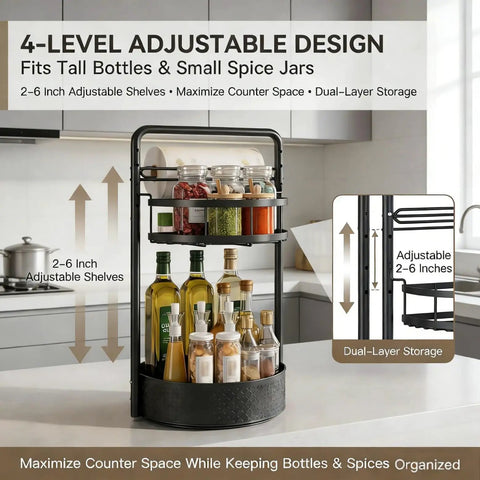 Rotating Spice Rack With Paper Towel Holder, 2 Tier Lazy Susan with bottles and jars, showcasing adjustable shelves