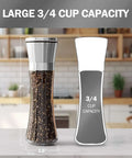 Stainless Steel Salt And Pepper Grinder Set Of 2 With Adjustable Ceramic Mills, 3/4 cup capacity tall clear glass shaker on kitchen counter.